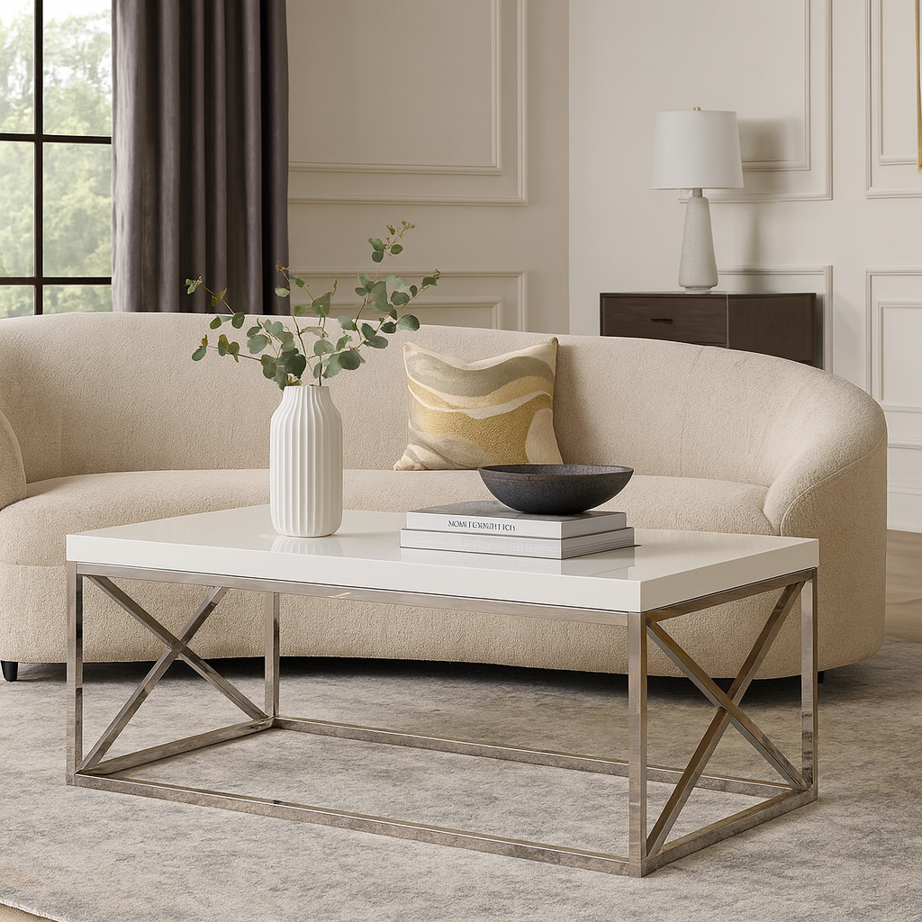 TABLE BASSE - BLANC BRILLANT AVEC MÉTAL CHROMÉ