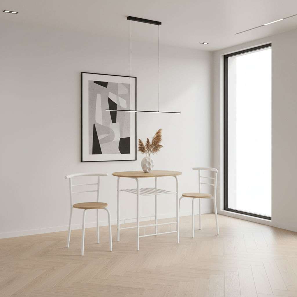 DINING SET - 3PCS SET / NATURAL TOP / WHITE METAL