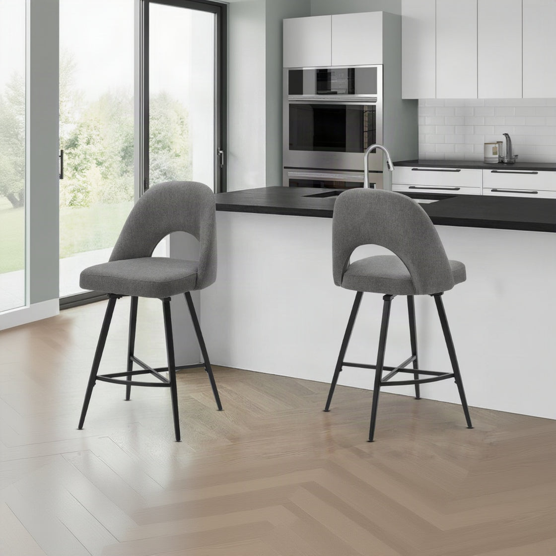 BARSTOOL - 2PCS / 39""H / GREY FABRIC / SWIVEL COUNTER HEIGHT