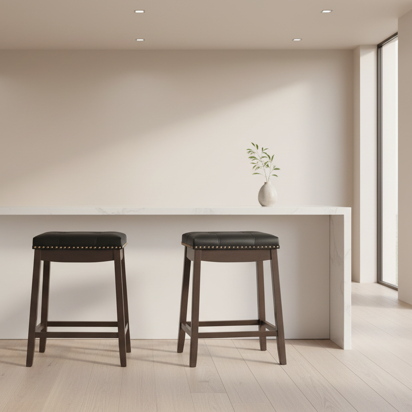 BARSTOOL - 2PCS / 24"H / BLACK LEATHER-LOOK / ESPRESSO