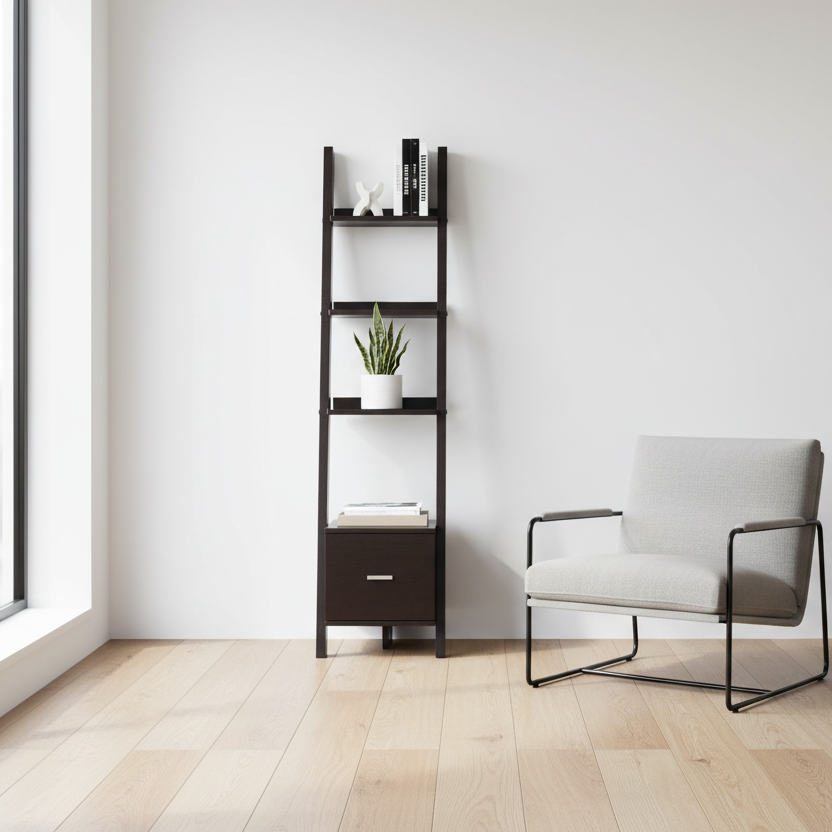BIBLIOTHÈQUE - 69"H / ETAGERE DE COIN ESPRESSO AVEC TIROIR