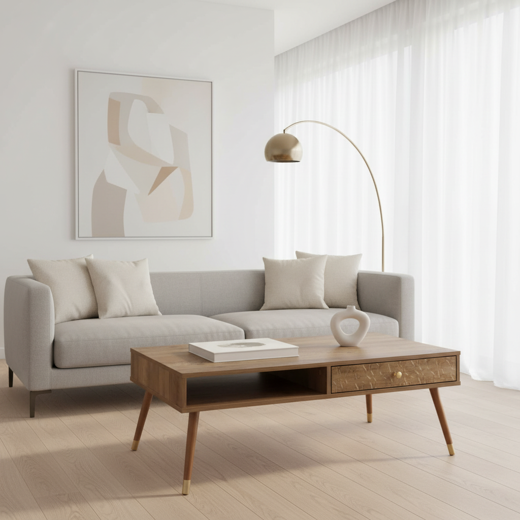 TABLE BASSE - NOYER MID-CENTURY AVEC UN TIROIR