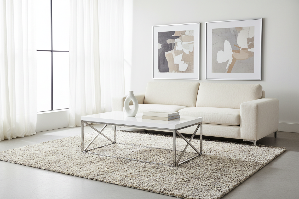 TABLE BASSE - BLANC BRILLANT AVEC MÉTAL CHROMÉ