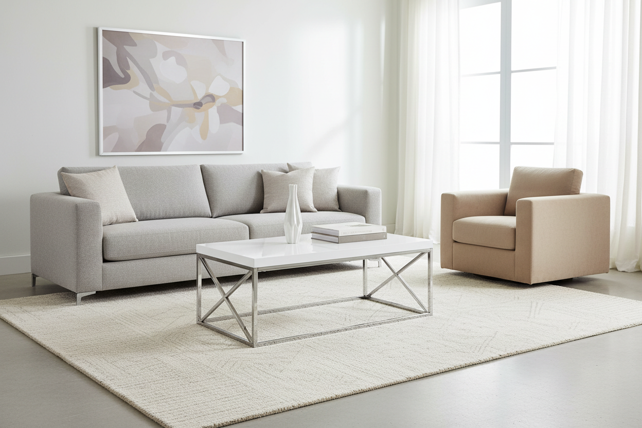 TABLE BASSE - BLANC BRILLANT AVEC MÉTAL CHROMÉ