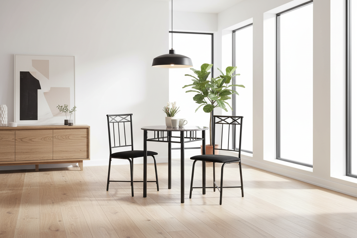 DINING SET - 3PCS SET / GREY MARBLE / CHARCOAL METAL