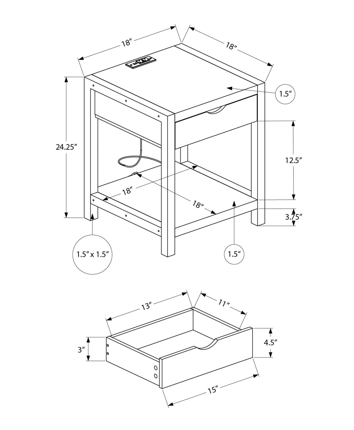 ACCENT TABLE - 24""H / DARK TAUPE / BLACK METAL USB / PLUG