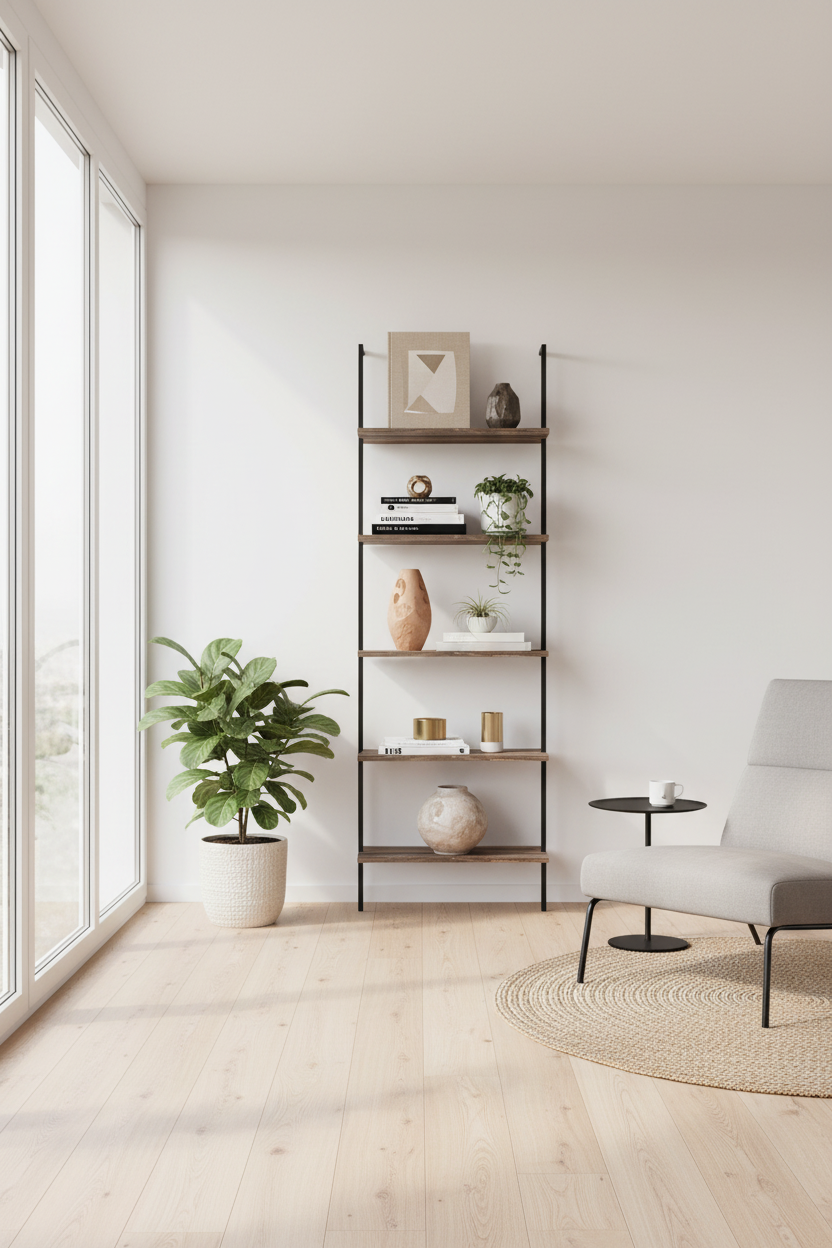 BIBLIOTHÈQUE - ÉCHELLE 72"H BRUN RÉCUPÉRÉ / MÉTAL NOIR