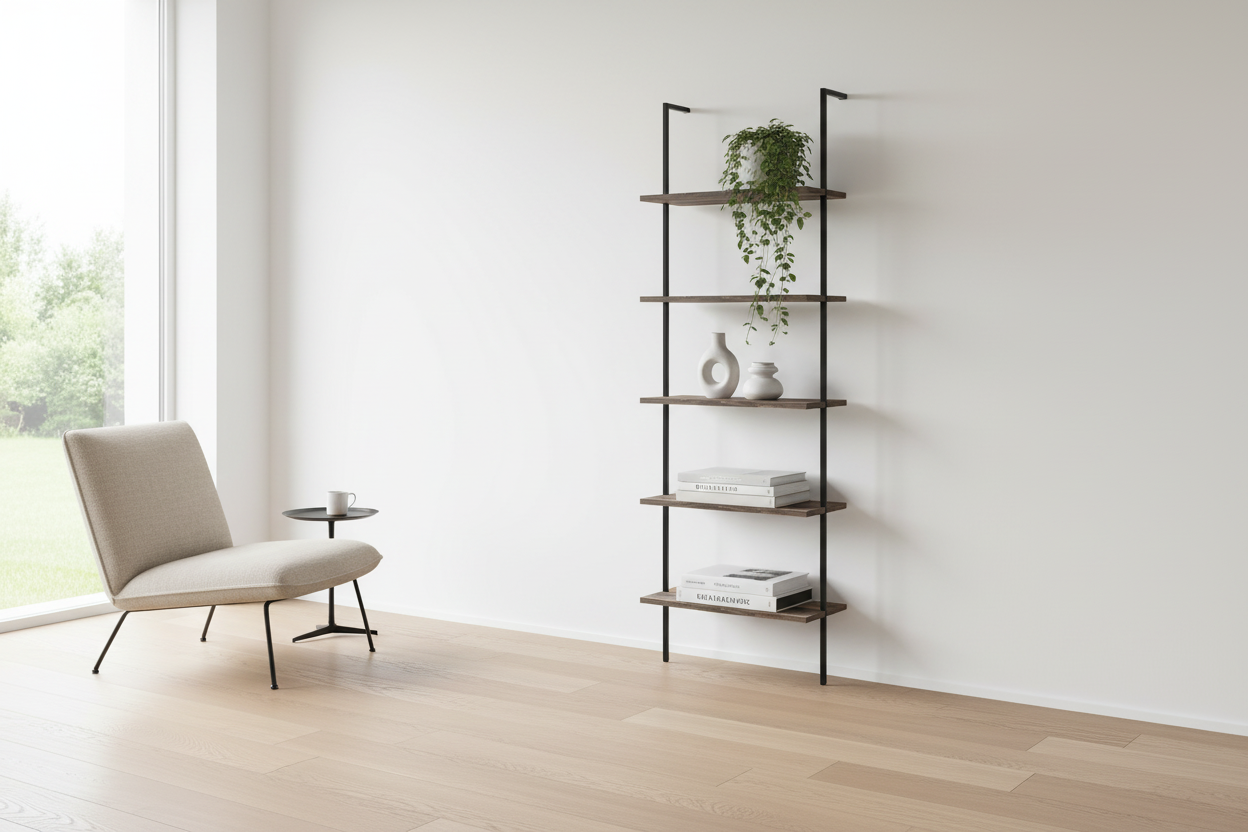 BIBLIOTHÈQUE - ÉCHELLE 72"H BRUN RÉCUPÉRÉ / MÉTAL NOIR