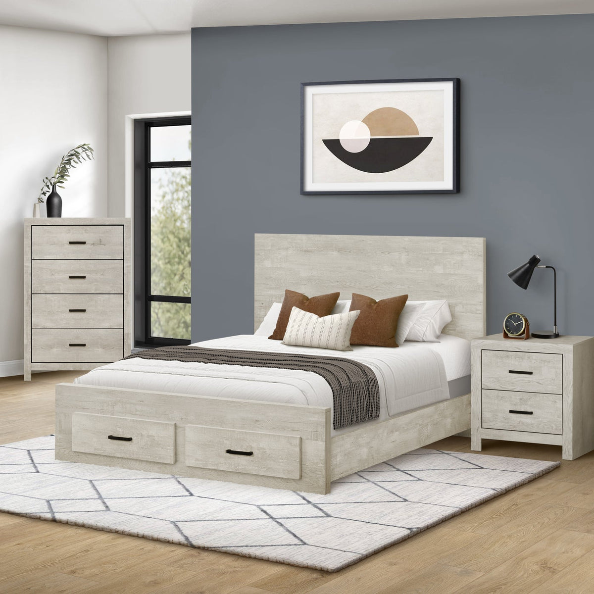 BEDROOM SET - QUEEN SIZE BED / BLEACHED OAK FINISH 2 DRAWERS