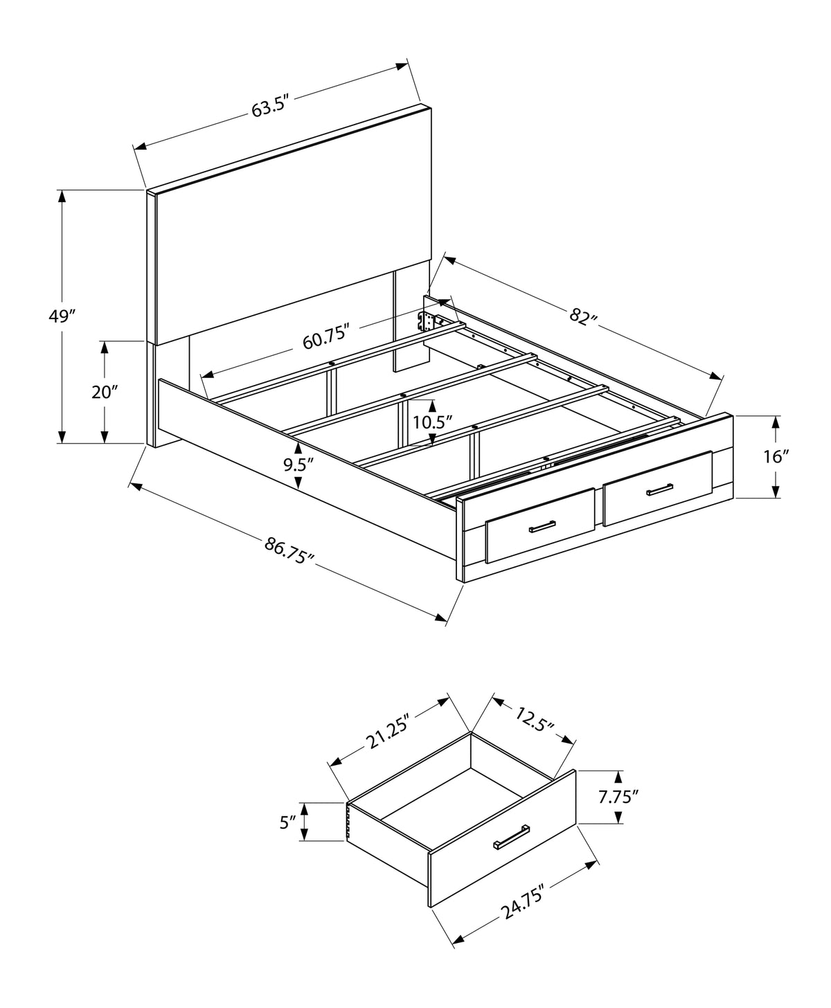 BEDROOM SET - QUEEN SIZE BED / BLEACHED OAK FINISH 2 DRAWERS