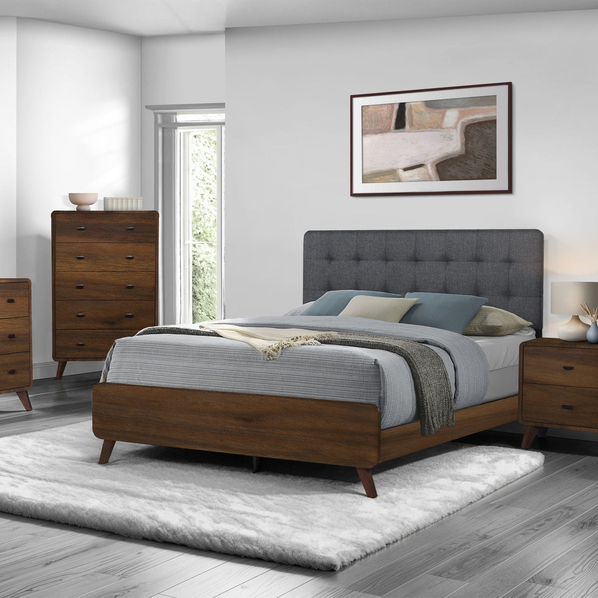 BEDROOM SET - QUEEN SIZE BED / GREY FABRIC WALNUT FINISH