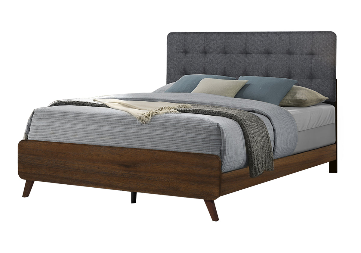BEDROOM SET - QUEEN SIZE BED / GREY FABRIC WALNUT FINISH