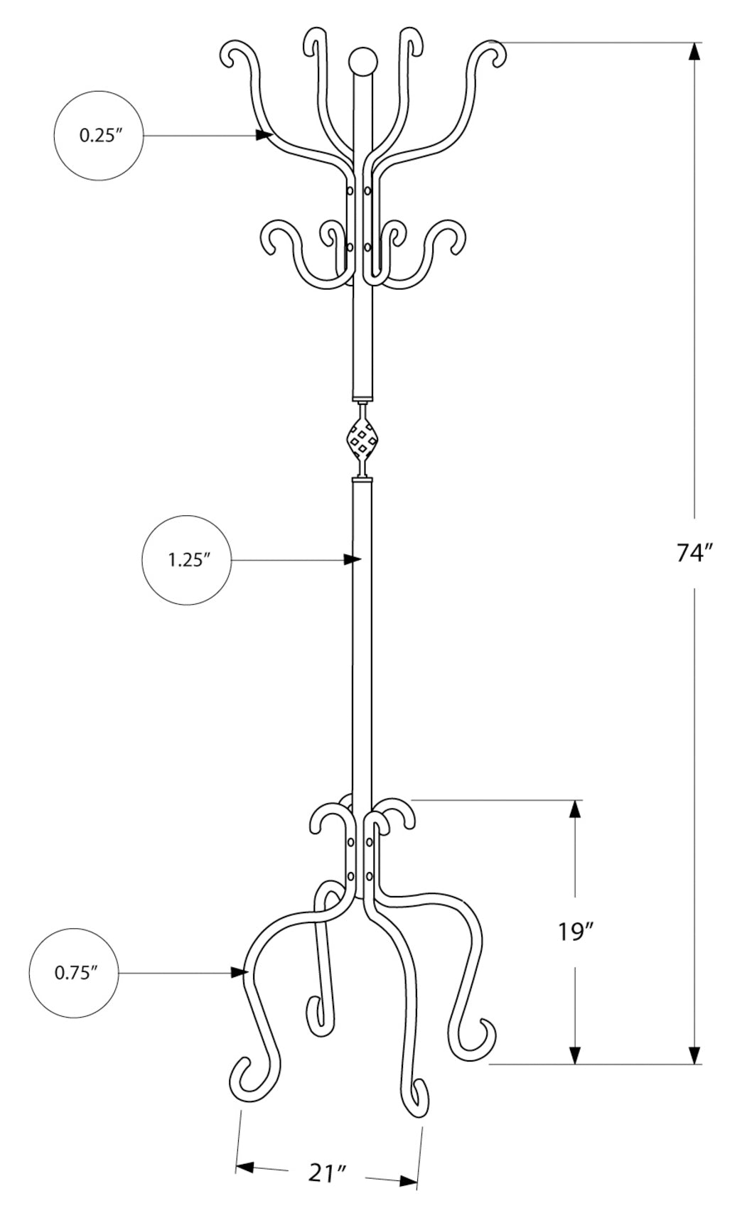 COAT RACK - 74"H / TRADITIONAL HAMMERED BLACK METAL