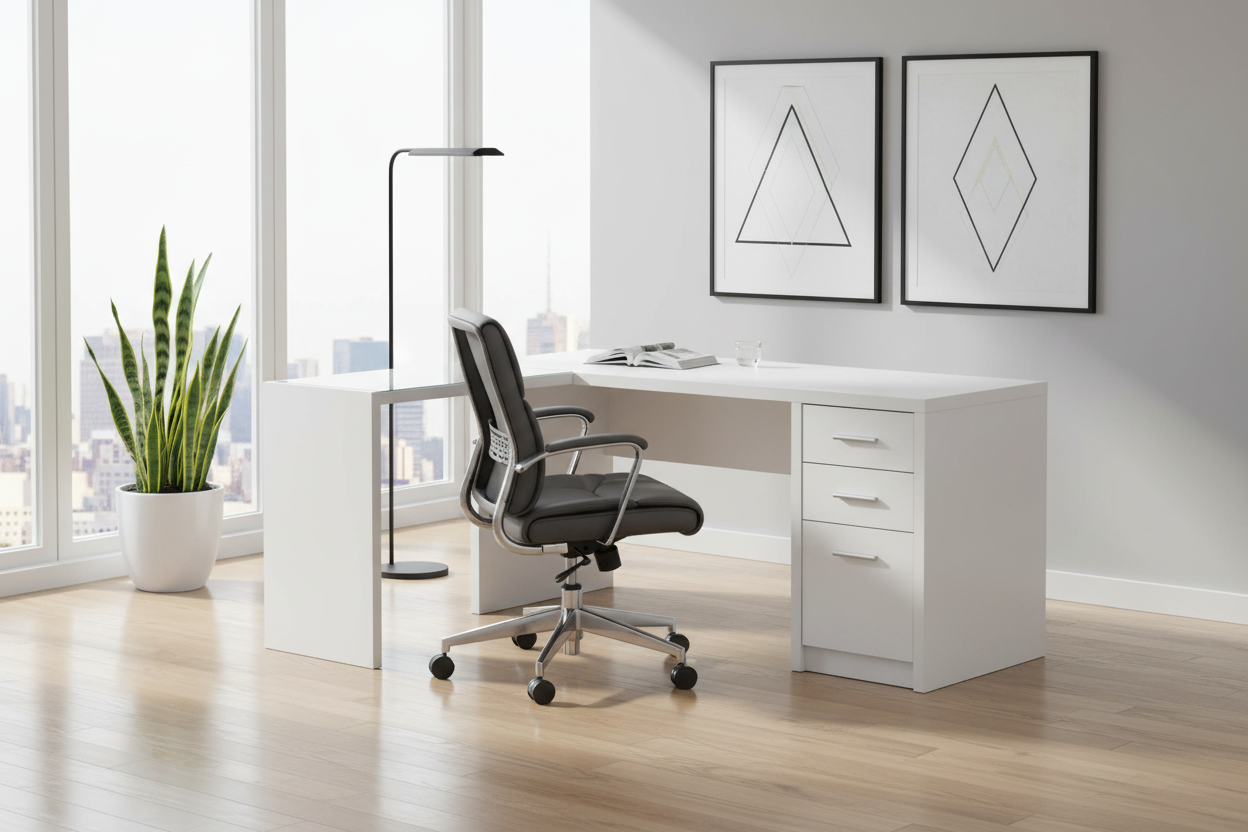 COMPUTER DESK - WHITE CORNER WITH TEMPERED GLASS