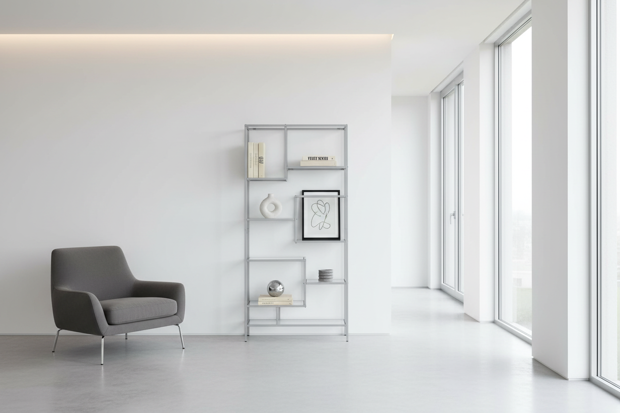 BIBLIOTHÈQUE - 72"H / MÉTAL ARGENTÉ AVEC VERRE TREMPÉ