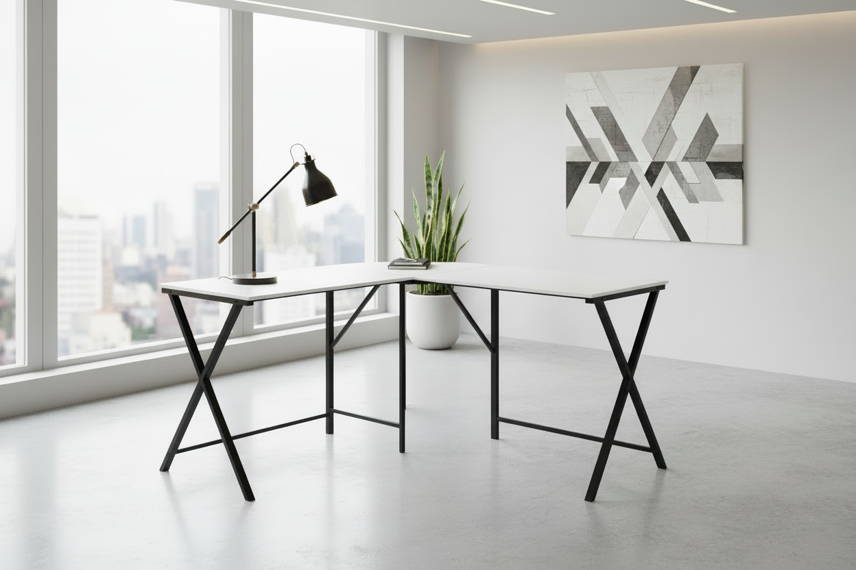 COMPUTER DESK - 55"L / WHITE TOP / BLACK METAL CORNER