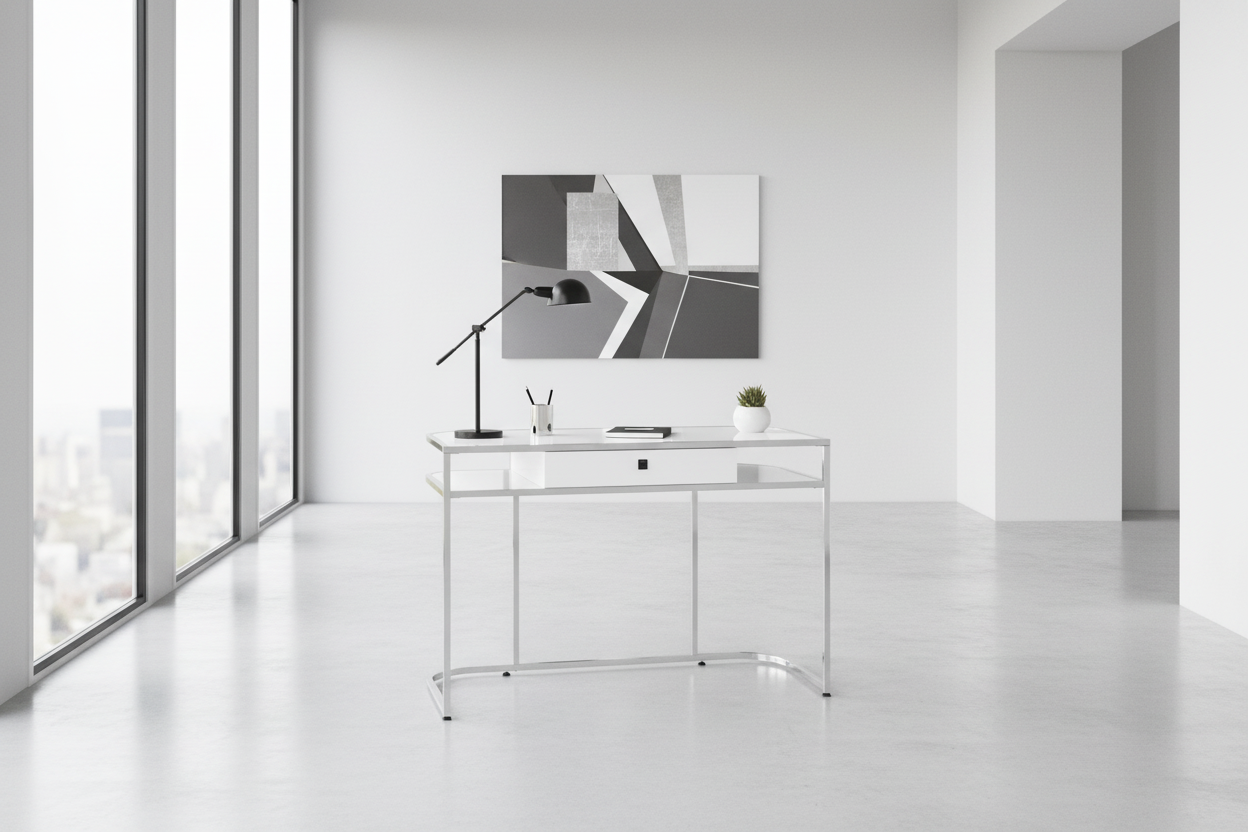 BUREAU D'ORDINATEUR - 48"L / BLANC BRILLANT / MÉTAL CHROME