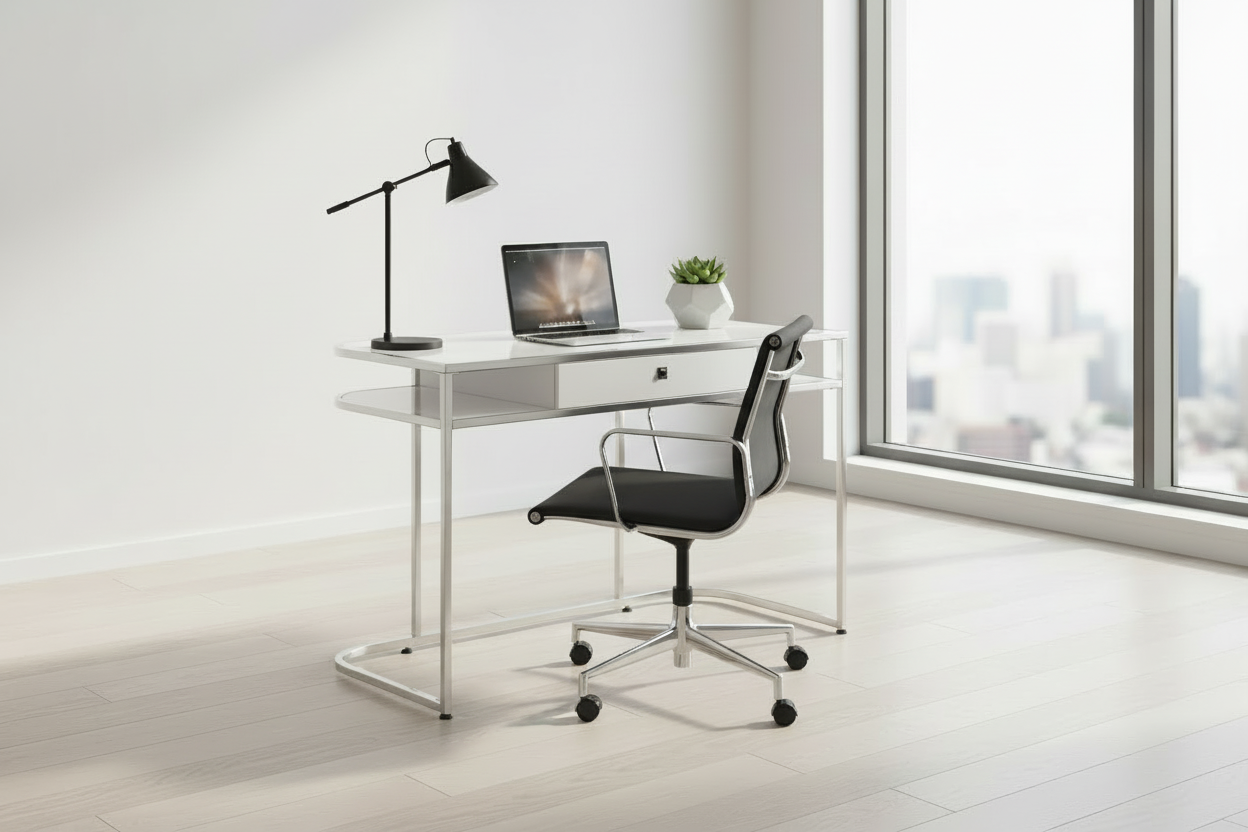 BUREAU D'ORDINATEUR - 48"L / BLANC BRILLANT / MÉTAL CHROME