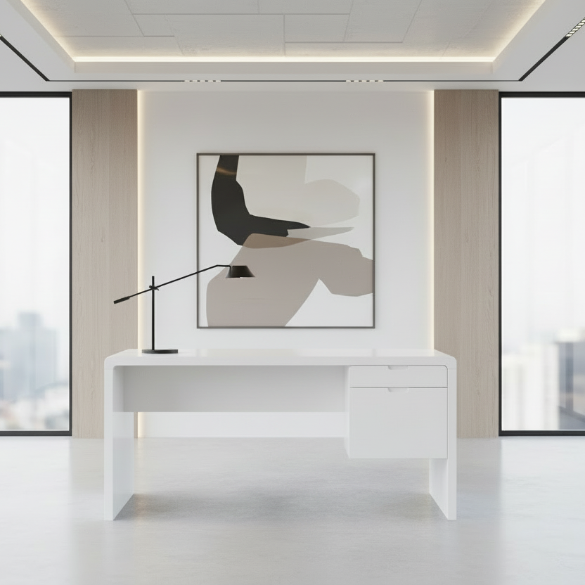 BUREAU D'ORDINATEUR - 60" L / TIROIR BLANC BRILLANT À FACE G/D