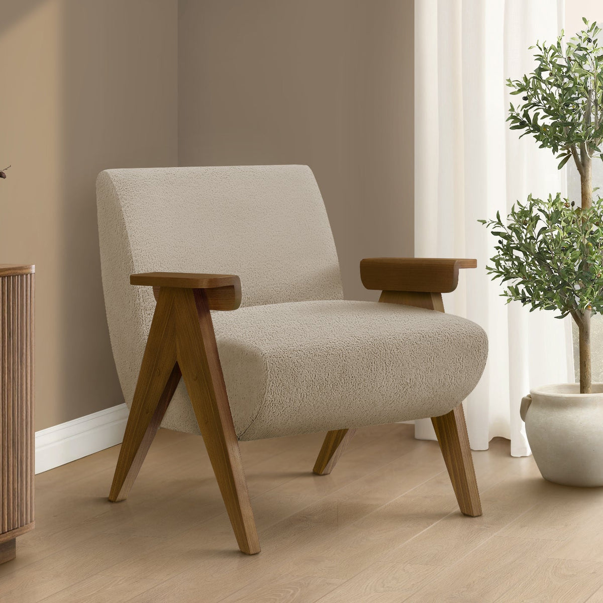 ACCENT CHAIR - 31""H / BEIGE FABRIC / WALNUT WOOD