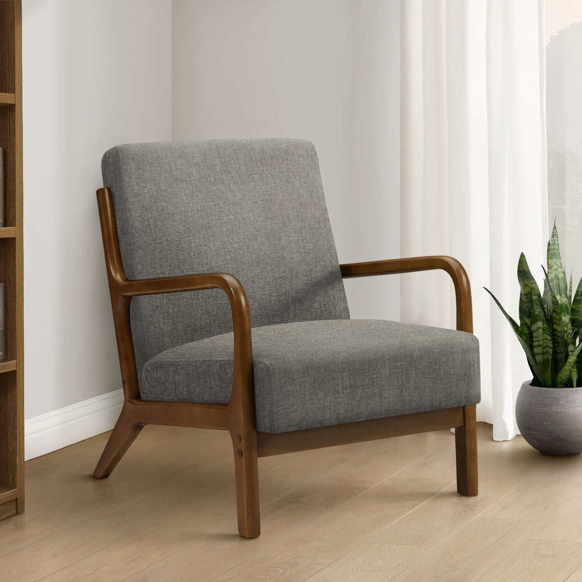 ACCENT CHAIR - 34"H / GREY FABRIC / WALNUT WOOD