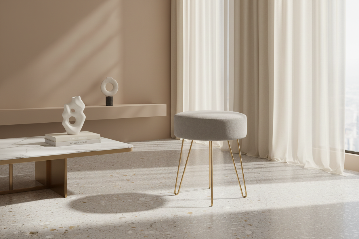 OTTOMAN - BEIGE FABRIC / GOLD METAL LEGS