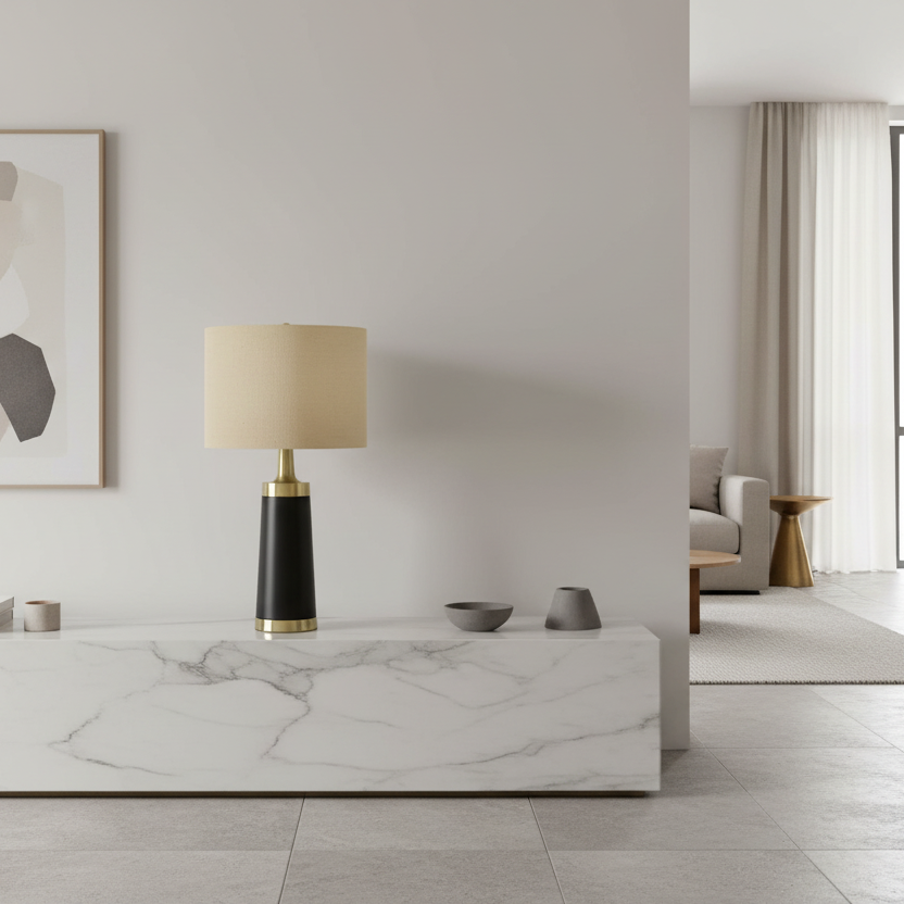 ÉCLAIRAGE - LAMPE DE TABLE 28"H MÉTAL NOIR ABAT-JOUR BEIGE