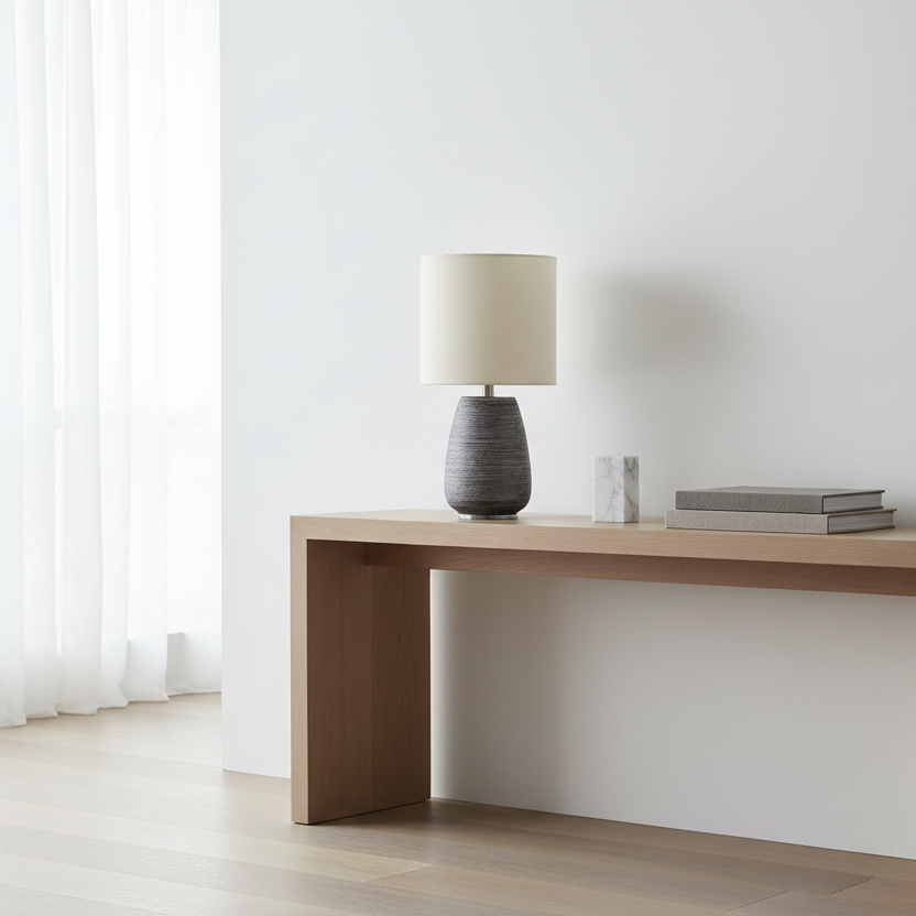 ÉCLAIRAGE - LAMPE DE TABLE 19"H EN CÉRAMIQUE GRISE IVOIRE / ABAT-JOUR CRÈME