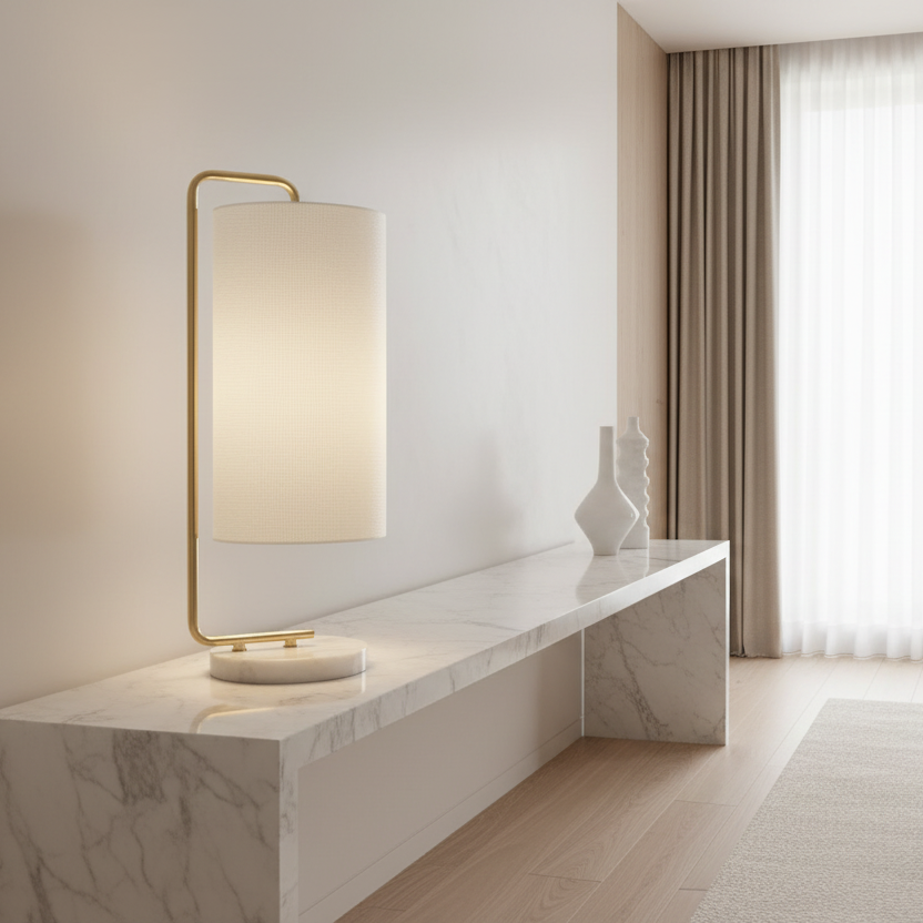 ÉCLAIRAGE - LAMPE DE TABLE 20"H MARBRE BLANC IVOIRE / ABAT-JOUR CRÈME