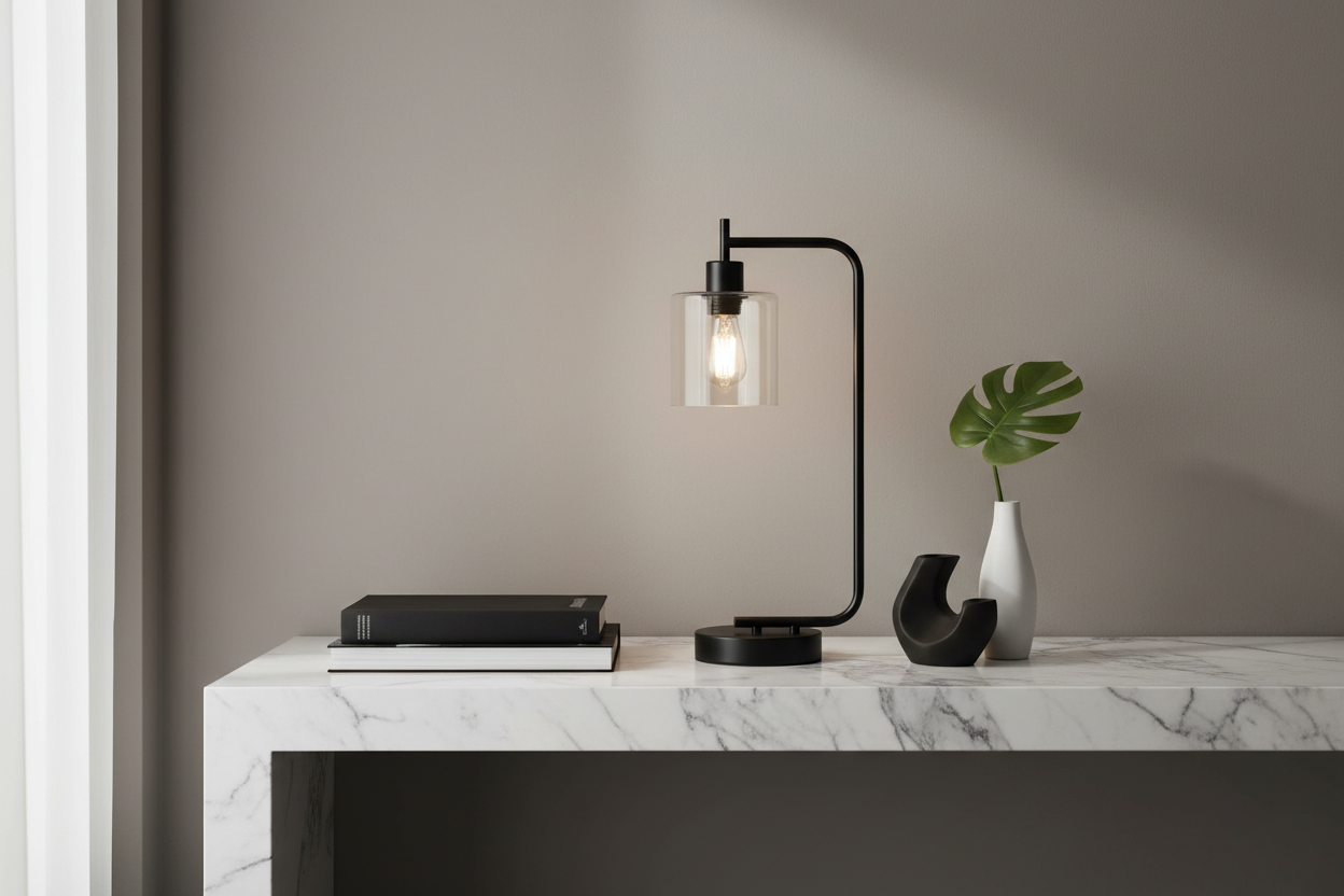 ÉCLAIRAGE - LAMPE DE TABLE 20"H PORT USB INCLUS MÉTAL NOIR ABAT-JOUR EN VERRE MODERNE