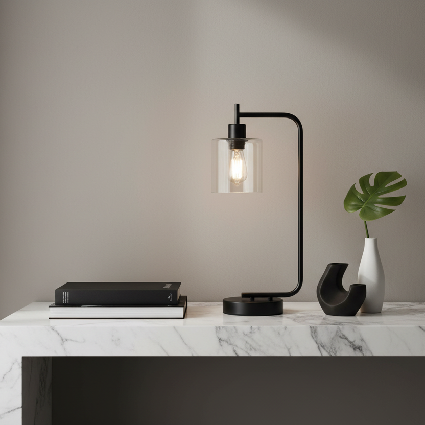 ÉCLAIRAGE - LAMPE DE TABLE 20"H PORT USB INCLUS MÉTAL NOIR ABAT-JOUR EN VERRE MODERNE