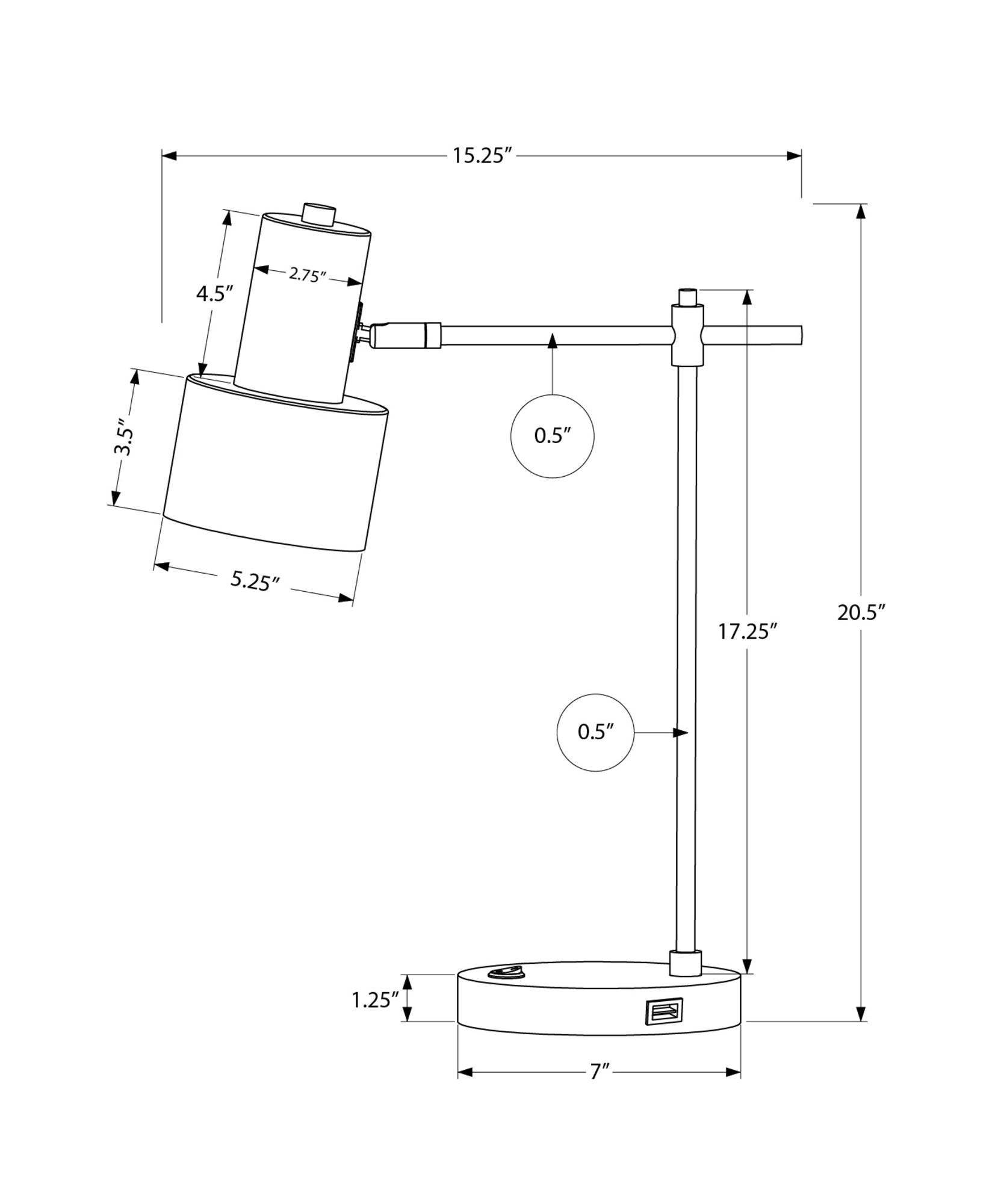 ÉCLAIRAGE - LAMPE DE TABLE 21"H PORT USB INCLUS MÉTAL NOIR ABAT-JOUR NOIR MODERNE