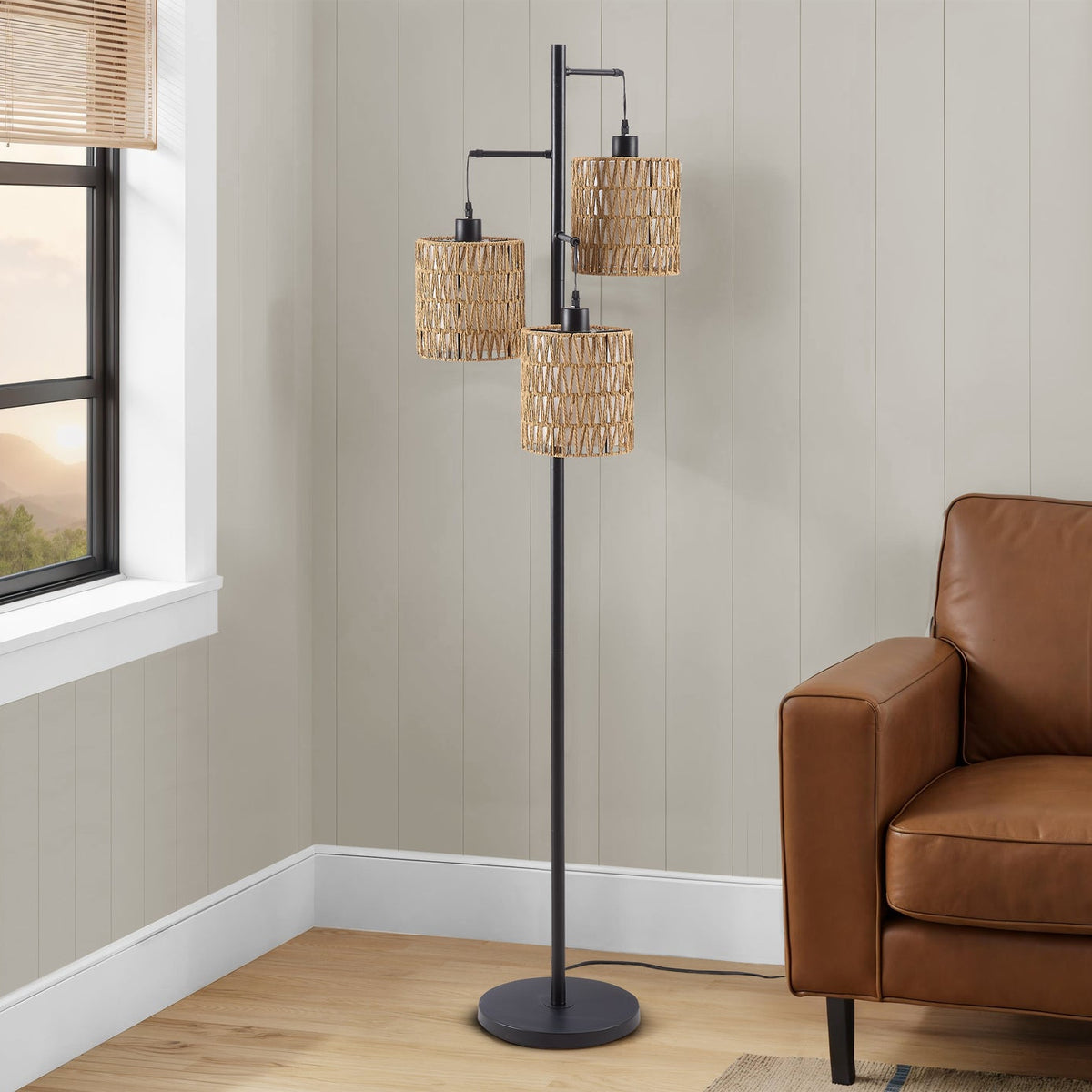 LIGHTING - 73"HFLOOR LAMP BLACK METAL / ROPE SHADE