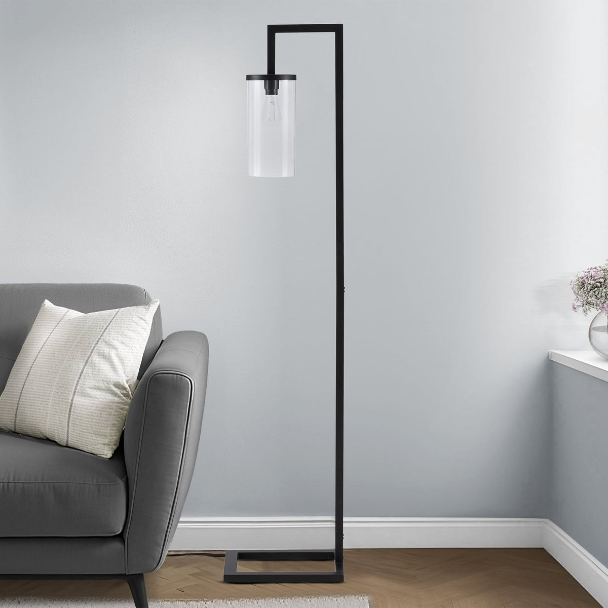 LIGHTING - 68"H FLOOR LAMP BLACK METAL / GLASS SHADE