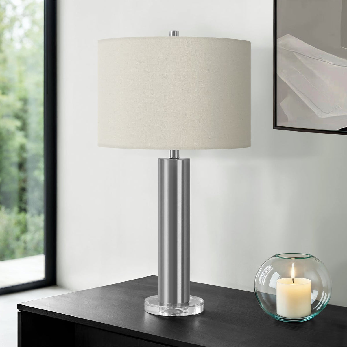 LIGHTING - 28"H TABLE LAMP NICKEL METAL / IVORY SHADE