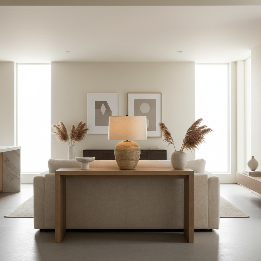 ÉCLAIRAGE - LAMPE DE TABLE 25"H EN ROTIN ABAT-JOUR BEIGE