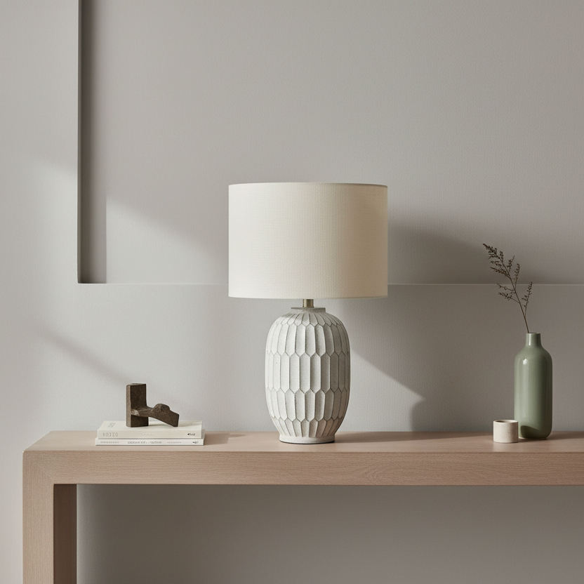 ÉCLAIRAGE - LAMPE DE TABLE 24"H EN RÉSINE CRÈME IVOIRE / ABAT-JOUR CRÈME