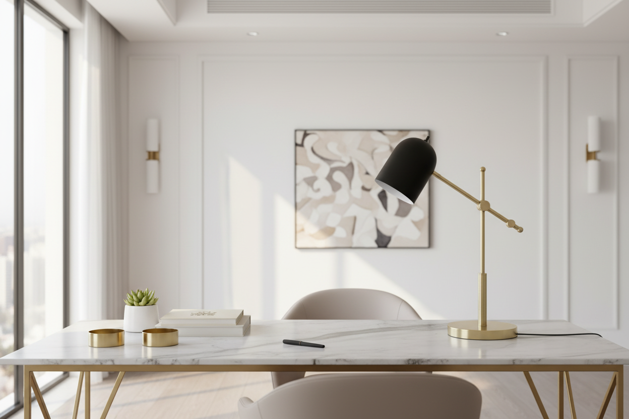 LIGHTING - 18"H TABLE LAMP BRASS METAL BLACK SHADE