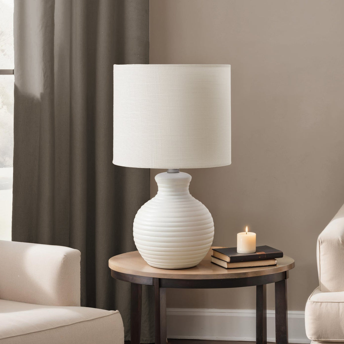 LIGHTING - 16"H TABLE LAMP WHITE RESIN / IVORY SHADE