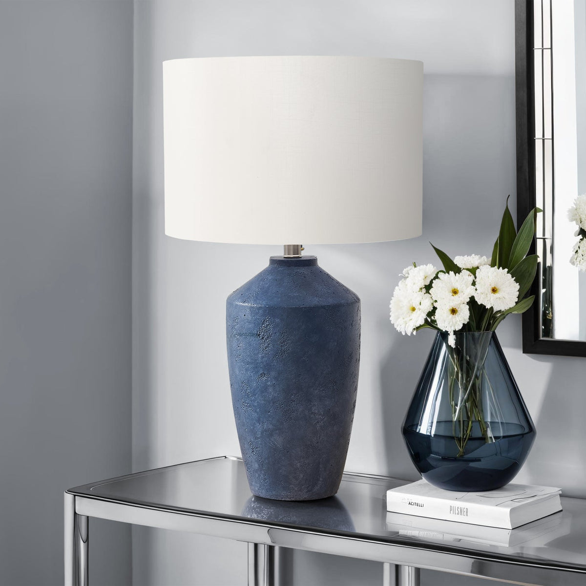 LIGHTING - 25"H TABLE LAMP BLUE CONCRETE / IVORY SHADE