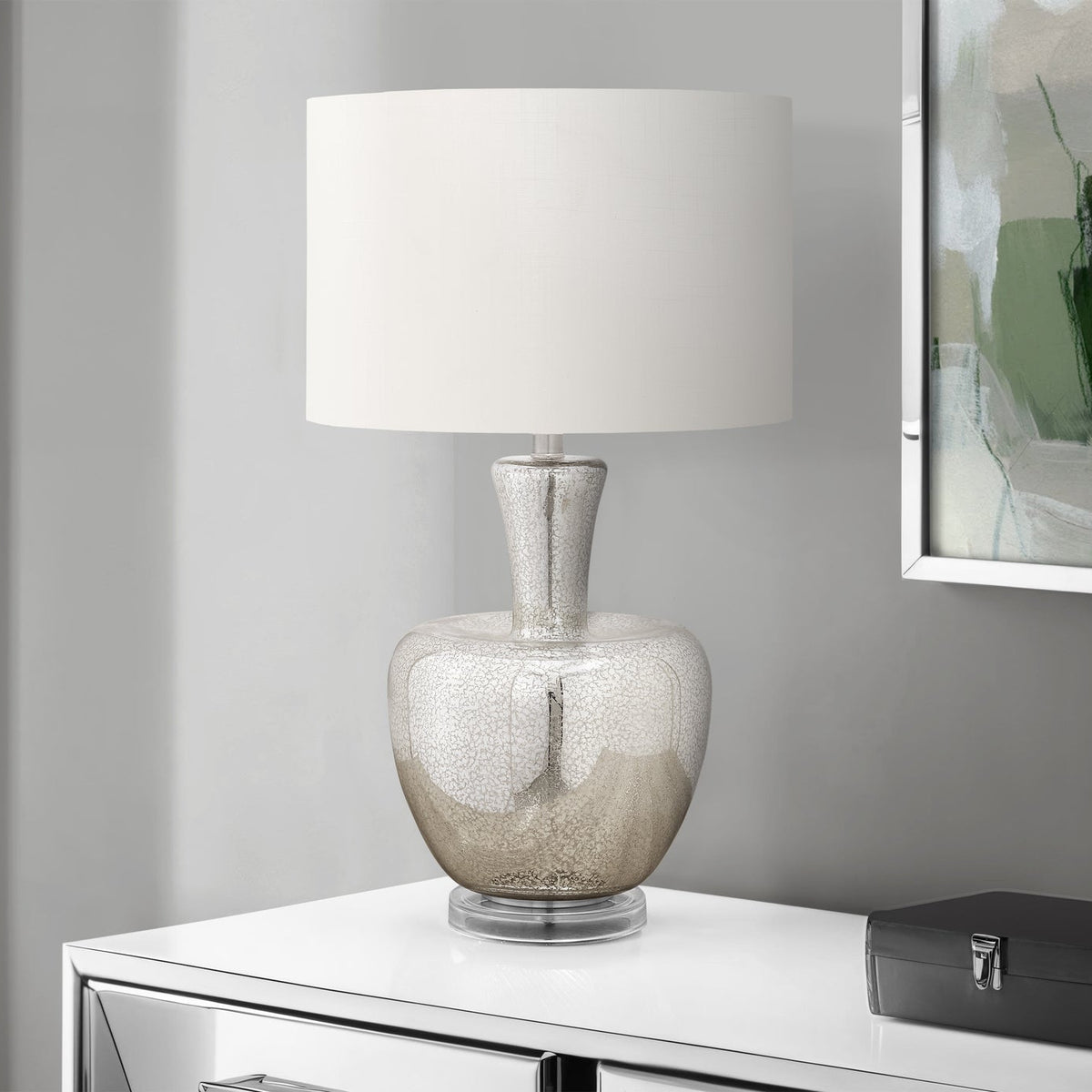 LIGHTING - 26"H TABLE LAMP SILVER GLASS / IVORY SHADE