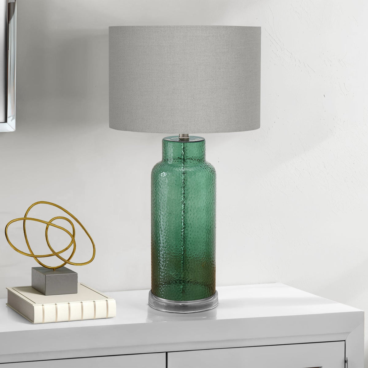 LIGHTING - 28"H TABLE LAMP GREEN GLASS / GREY SHADE
