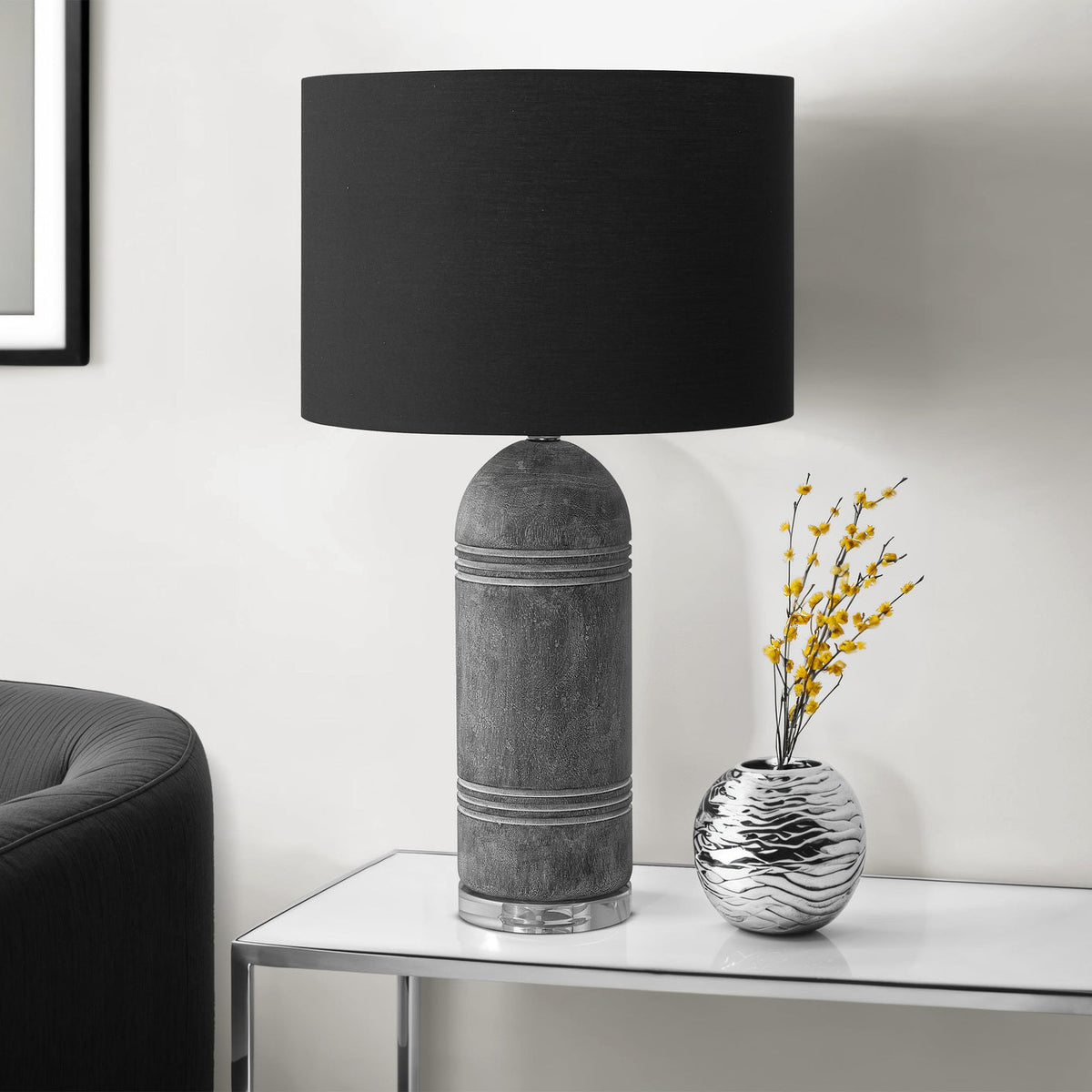 LIGHTING - 28"H TABLE LAMP GREY RESIN / BLACK SHADE