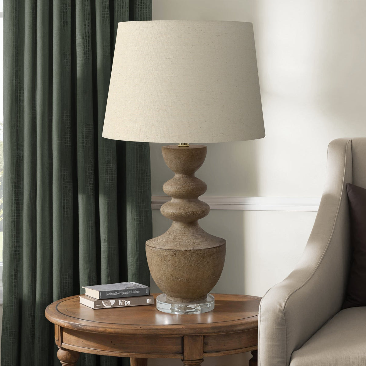 LIGHTING - 28"H TABLE LAMP BROWN RESIN  / BEIGE SHADE