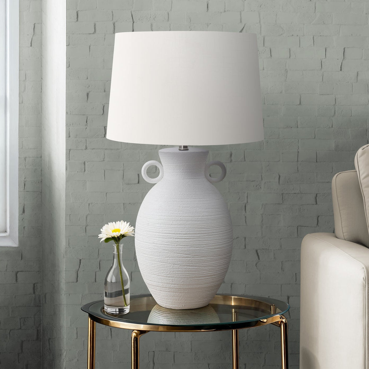 LIGHTING - 30"H TABLE LAMP WHITE CERAMIC / IVORY SHADE