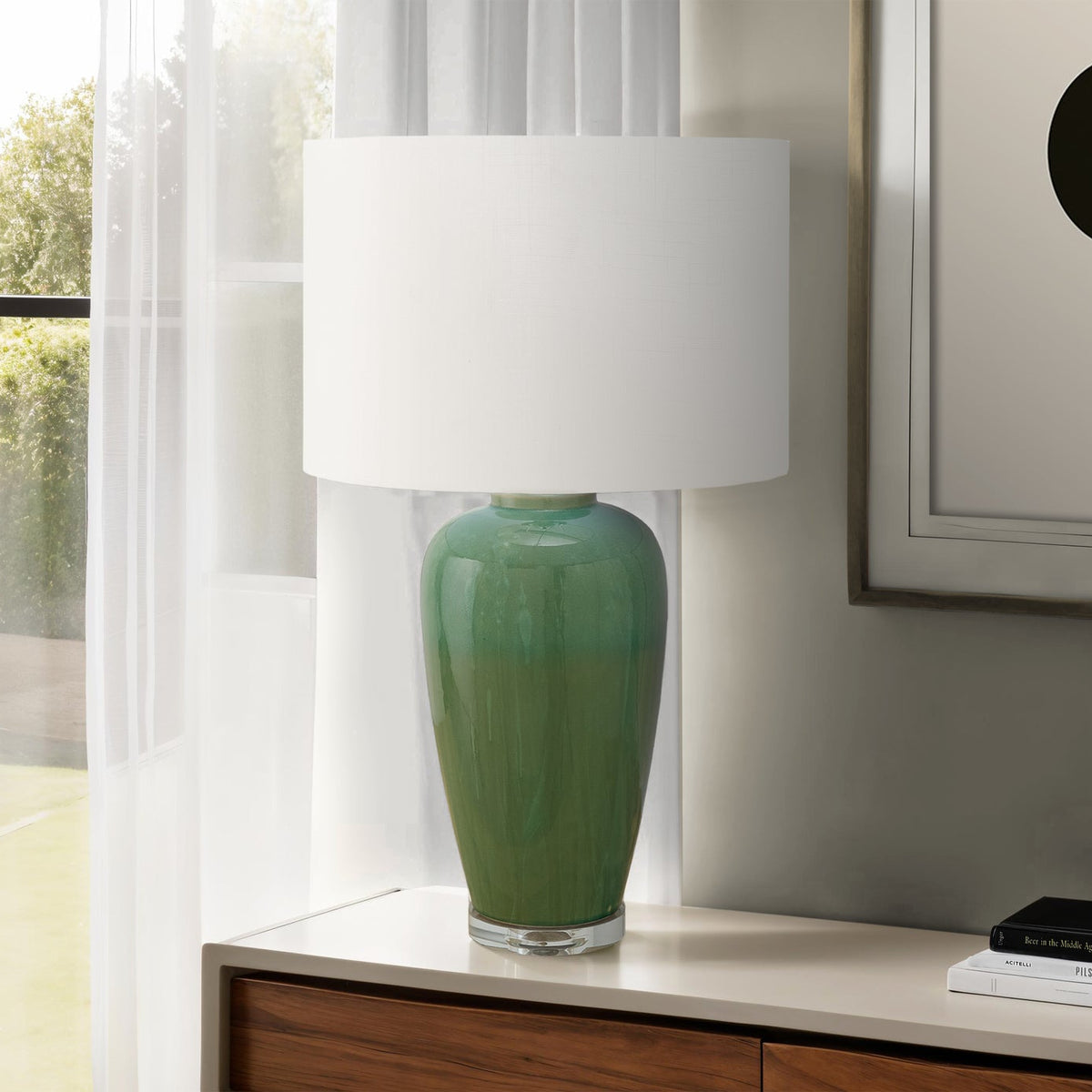 LIGHTING - 29"H TABLE LAMP GREEN CERAMIC / IVORY SHADE