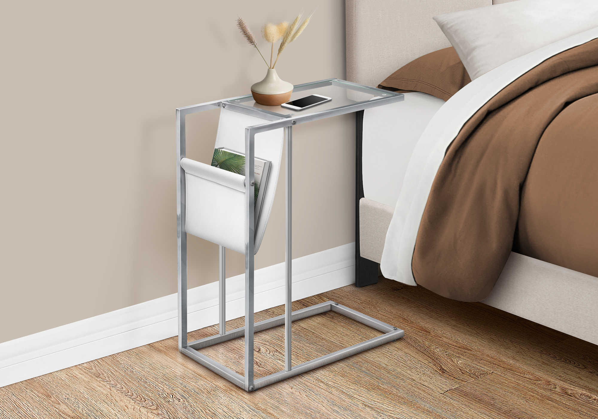 TABLE D'APPOINT - BLANC / MÉTAL CHROME AVEC PORTE-REVUES