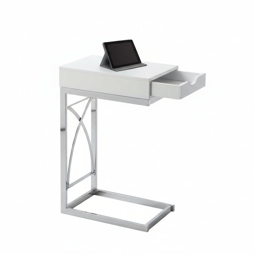 ACCENT TABLE - CHROME METAL / GLOSSY WHITE WITH A DRAWER
