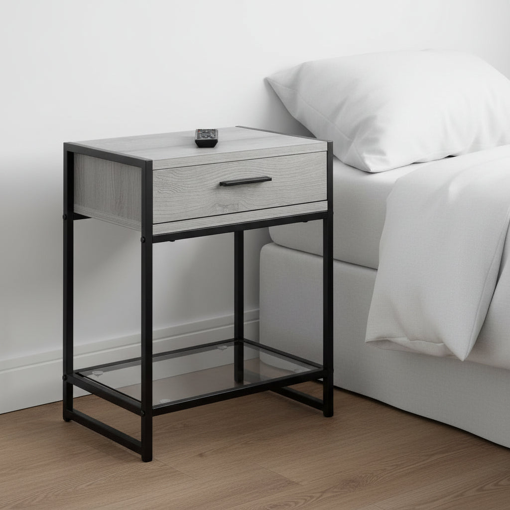 TABLE D'APPOINT - 22"H / GRIS / MÉTAL NOIR / VERRE TREMPÉ