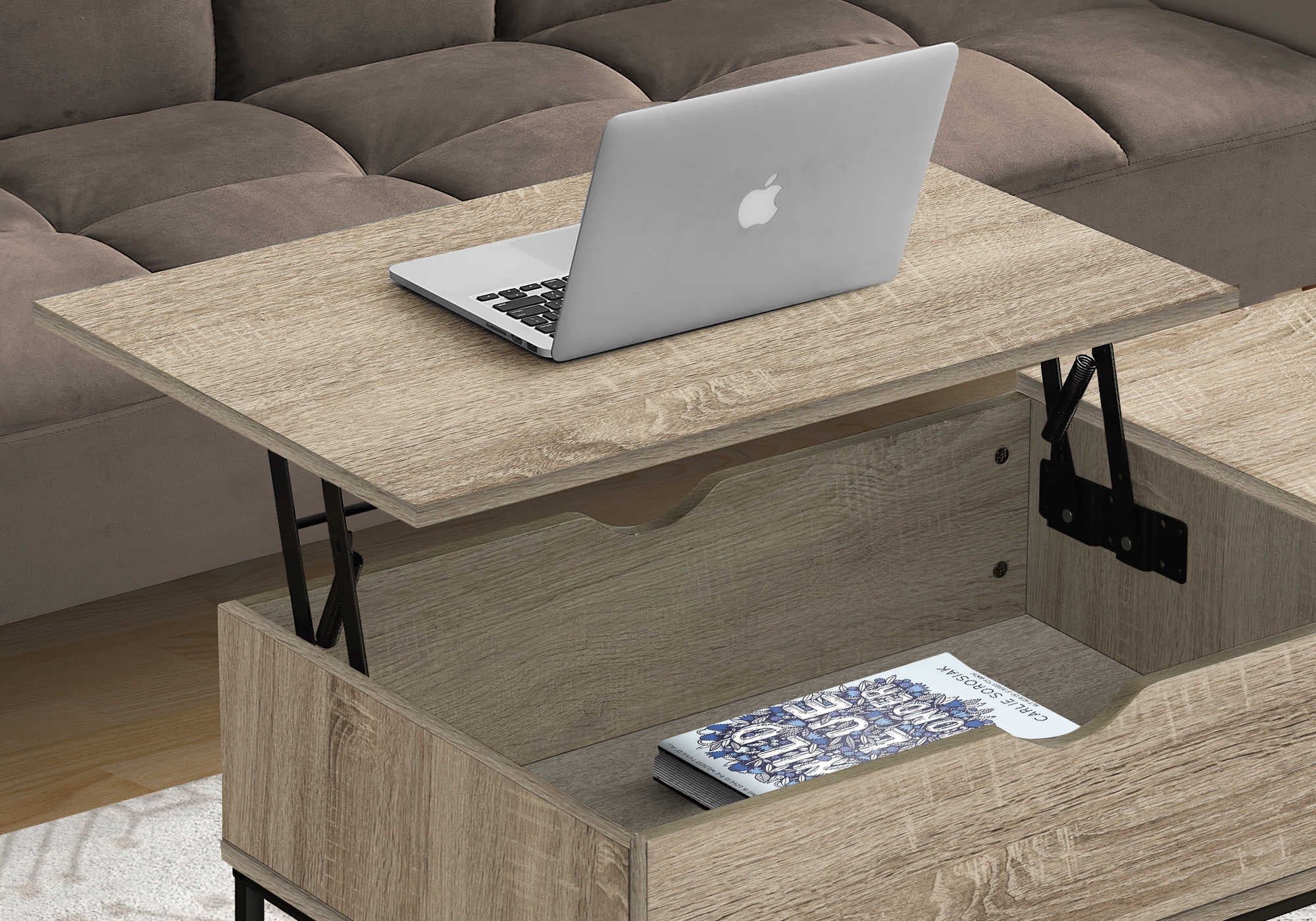 TABLE BASSE - 42"L / PLATEAU RELEVABLE TAUPE FONCÉ / MÉTAL NOIR